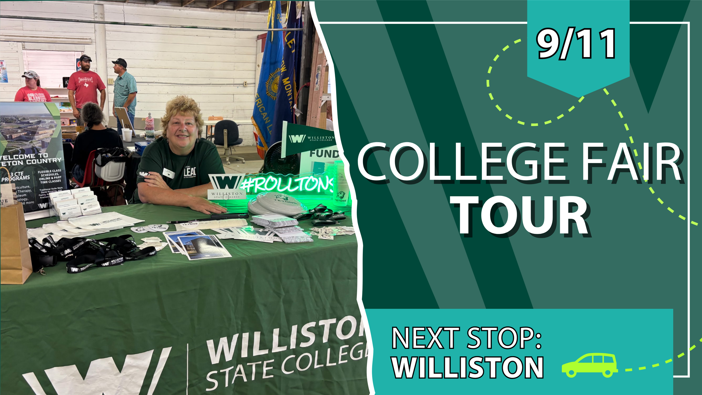Williston State College booth at a college fair with staff member at a table of WSC materials